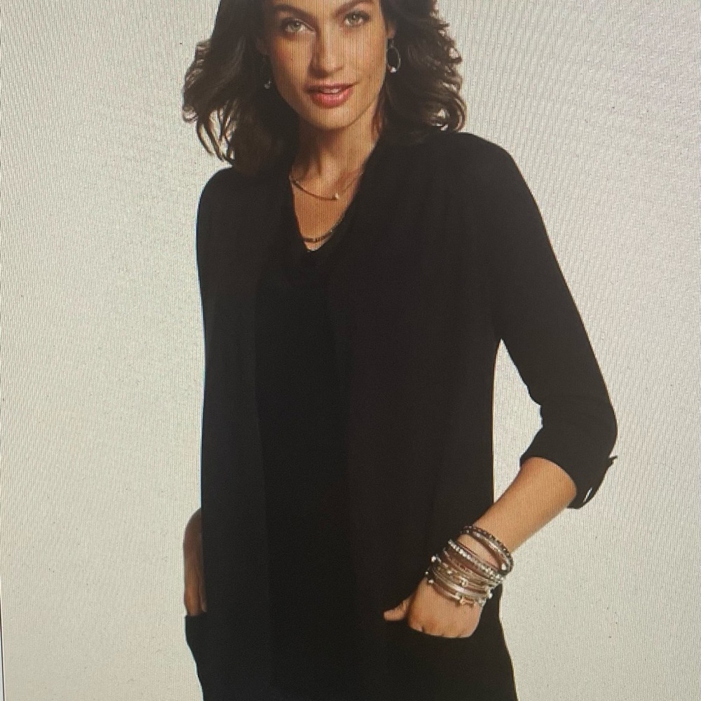 Chico’s black bamboo rayon open front cardigan with pockets, size 1 or M preppy